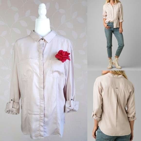 Prana Alda Relaxed Fit Button Down Roll Tab Slub Denim Top Dovetail Beige Large - Picture 16 of 16
